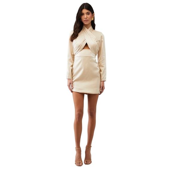 Keepsake Champagne Satin Cutout Mini Dress XS Long Sleeve Party Glam - Picture 5 of 9